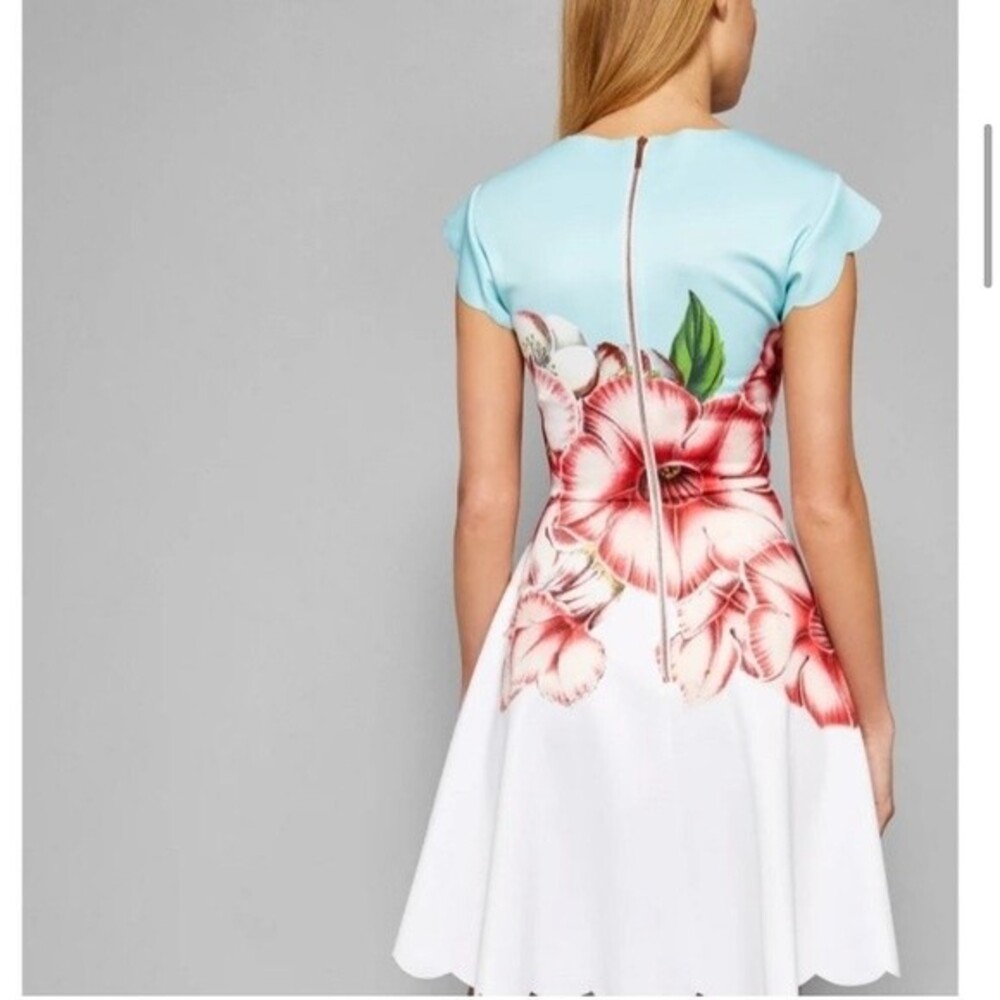 Ted Baker Aqua Bodice White Floral Midi Dress with Pink Flowers - Picture 3 of 12